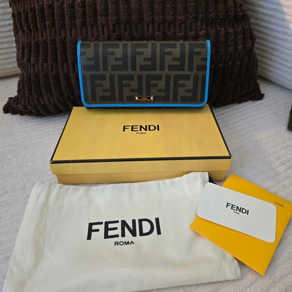 Fendi Zucca FF Monogram Continental Long Wallet Blue Leather Trim Box NWT